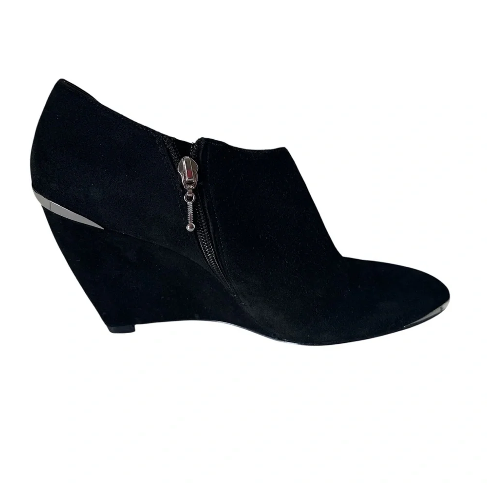 Audrey Brooke Black Suede Silver Tip Wedge Ankle Booties